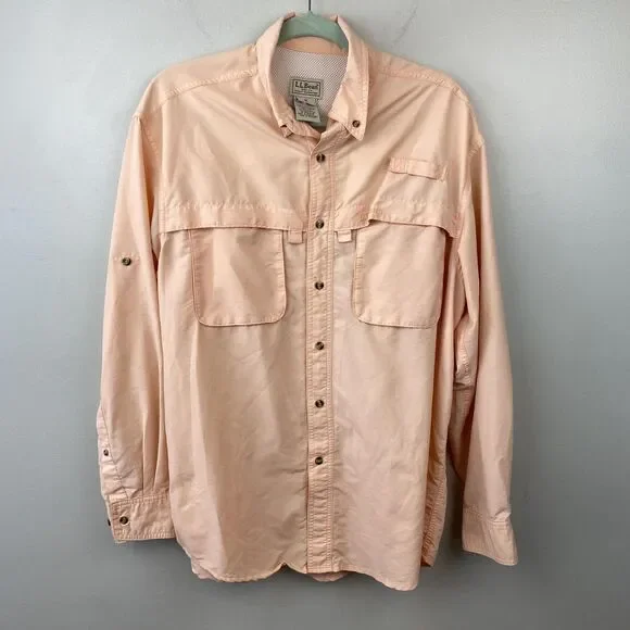 LL Bean Shirt Mens Medium Peach Lightweight Nylon Outdoor Fishing Vented Pockets - Picture 1 of 10
